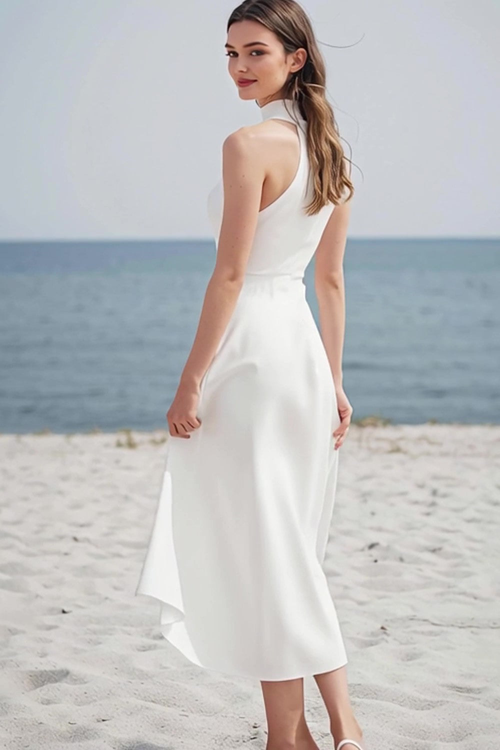 Ivory High Neck Satin Maxi Rehearsal Dinner Dress