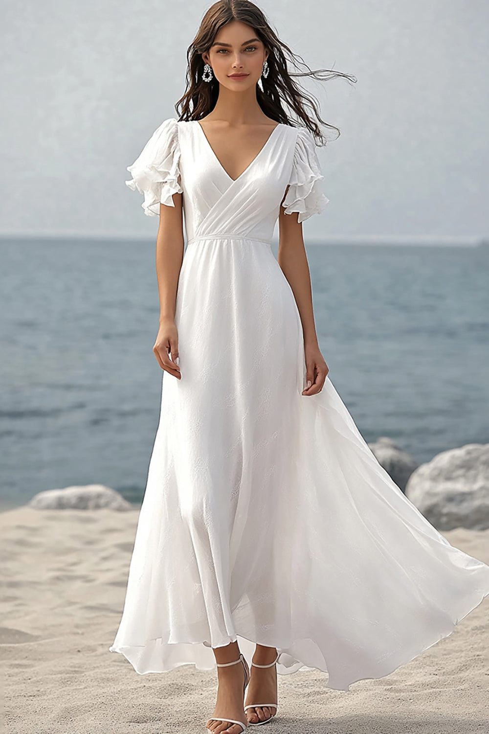 Ivory Chiffon Ruffled Beach Maxi Wedding Reception Dress with Sleeves
