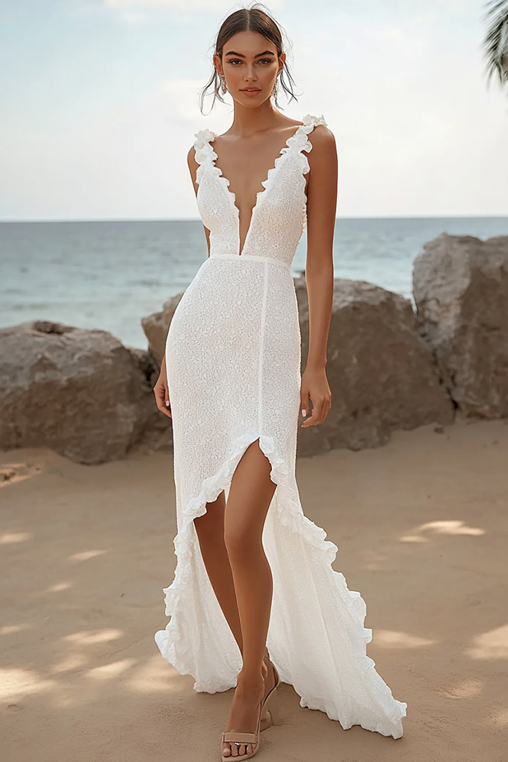 Ivory Deep V-Neck Lace High-Low Rehearsal Dinner Dress with Ruffles