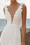 Ivory Deep V-Neck Lace High-Low Rehearsal Dinner Dress with Ruffles