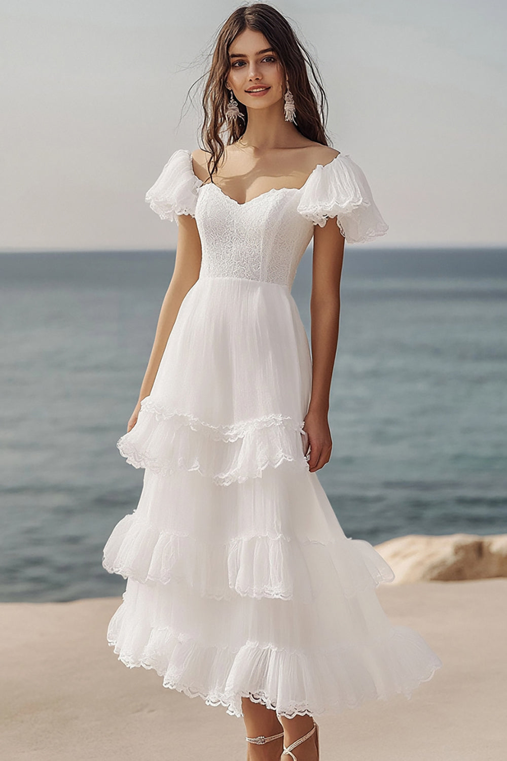 Ivory Beach Ruffled Maxi Engagement Dress with Lace
