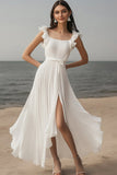 Ivory Chiffon Pleated Ruffled Beach Maxi Engagement Dress with Sash