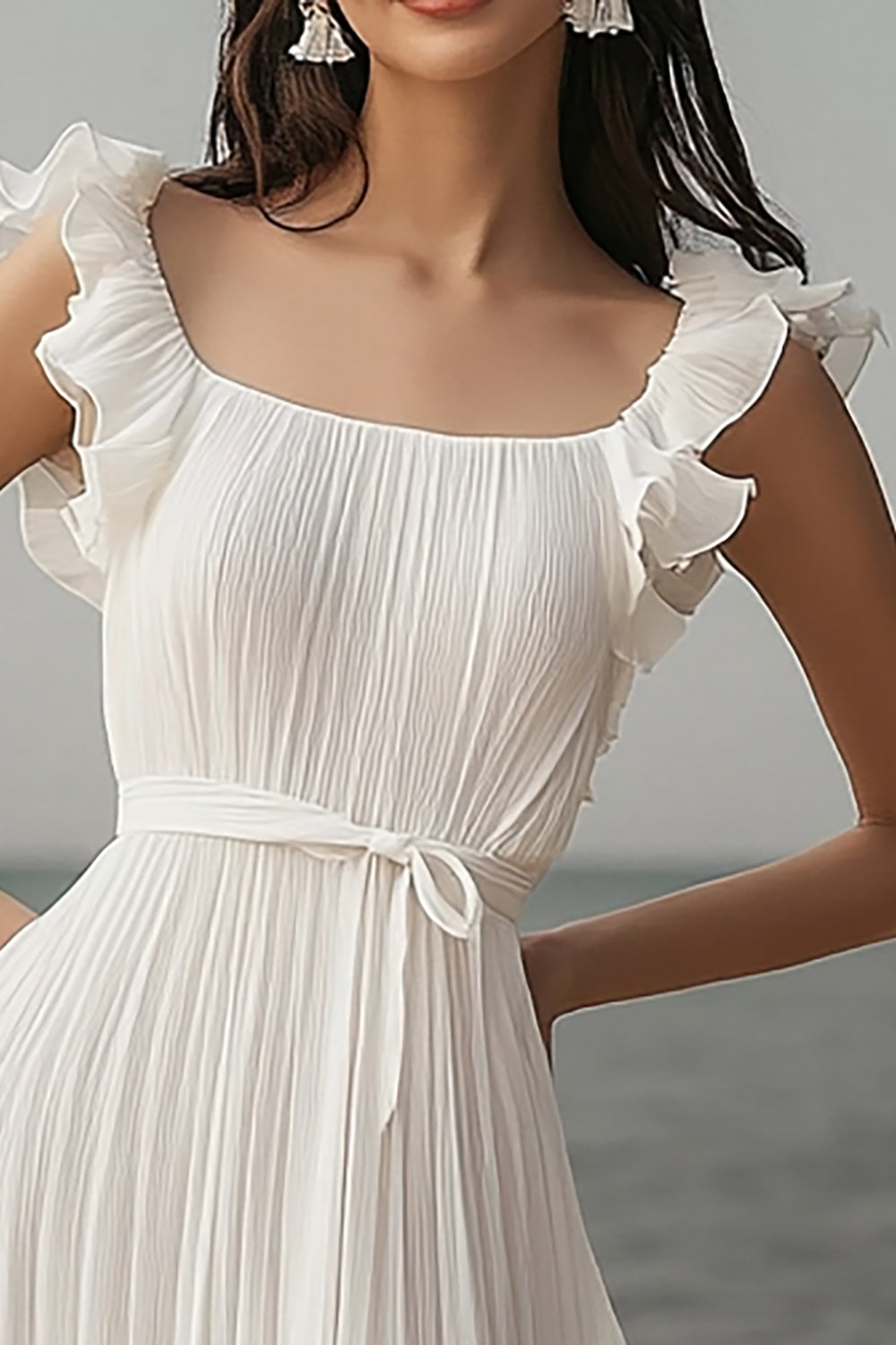 Ivory Chiffon Pleated Ruffled Beach Maxi Engagement Dress with Sash