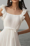 Ivory Chiffon Pleated Ruffled Beach Maxi Engagement Dress with Sash