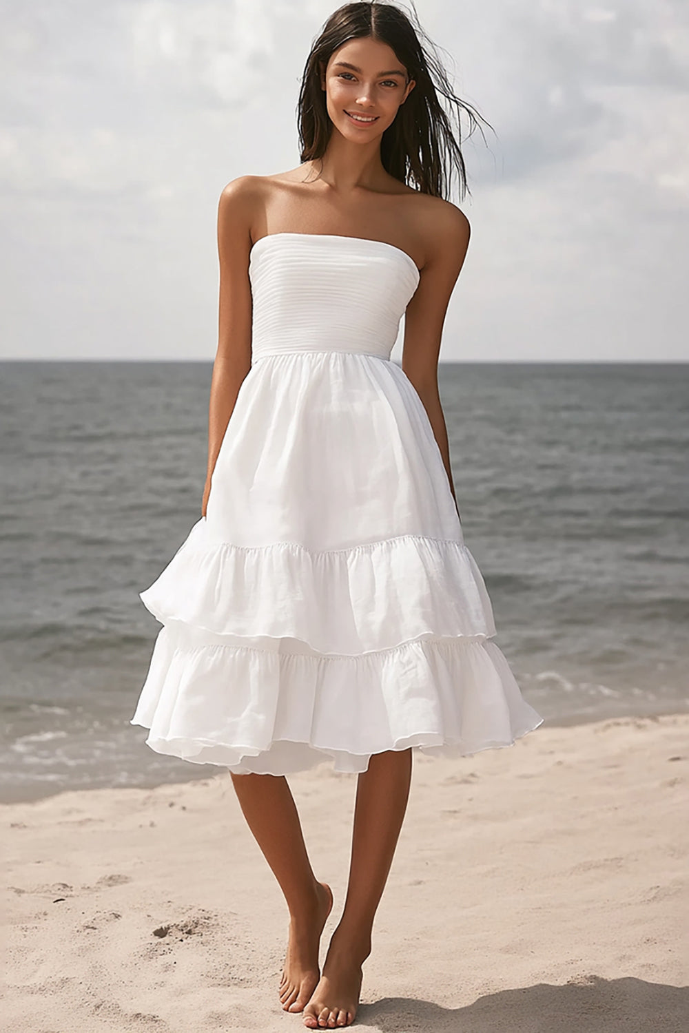 Strapless Ivory Beach Midi Engagement Dress with Ruffles