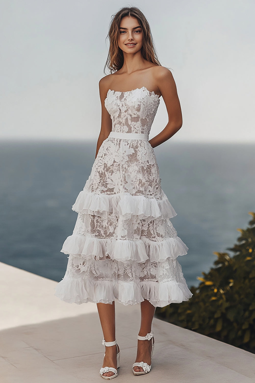 Ivory Beach Strapless Lace Maxi Wedding Reception Dress with Ruffles