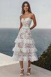 Ivory Beach Strapless Lace Maxi Wedding Reception Dress with Ruffles