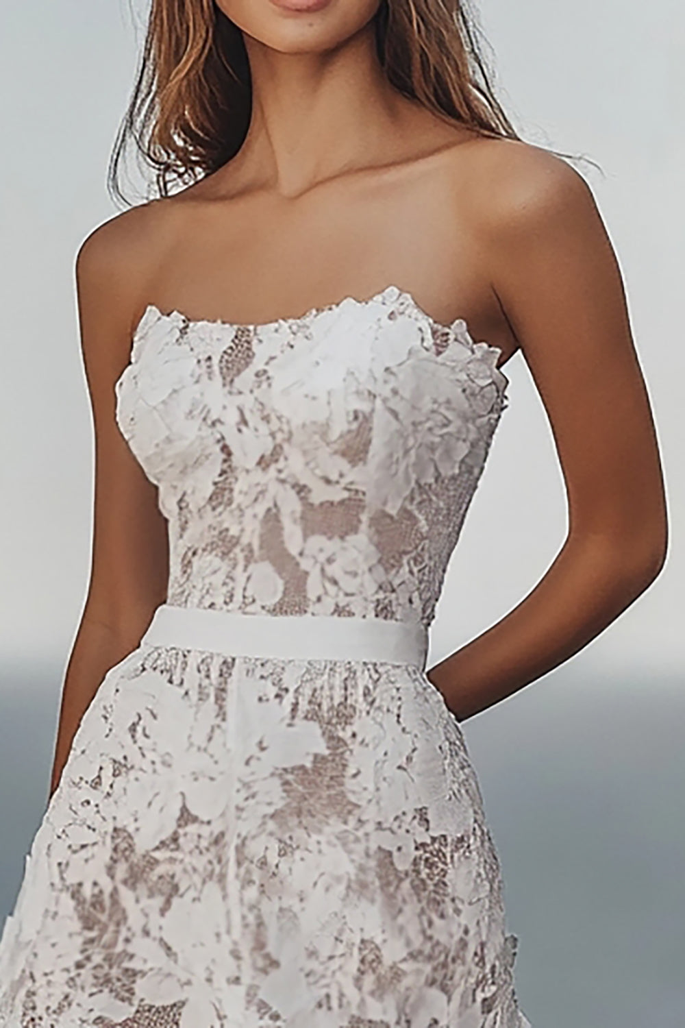 Ivory Beach Strapless Lace Maxi Wedding Reception Dress with Ruffles