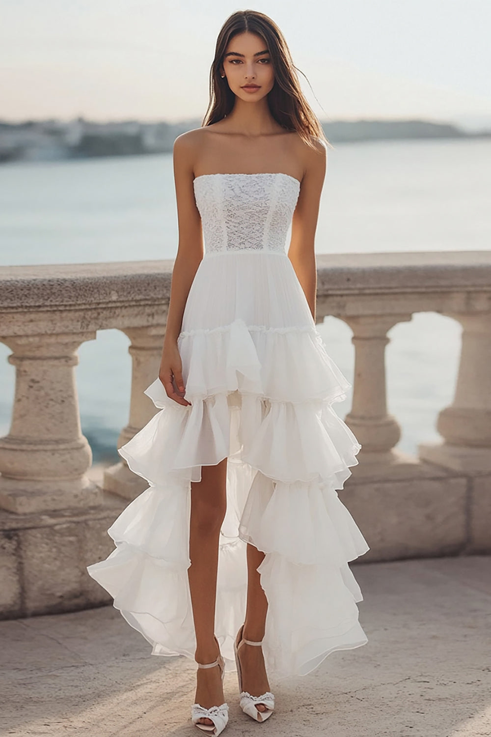 Ivory Organza High-Low Tiered Engagement Dress with Ruffles