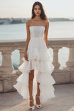 Ivory Organza High-Low Tiered Engagement Dress with Ruffles
