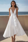 Ivory Spaghetti Straps Satin Maxi Rehearsal Dinner Dress with Ruffles