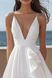 Ivory Spaghetti Straps Satin Maxi Rehearsal Dinner Dress with Ruffles