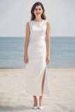 Ivory Sheath Satin Maxi Wedding Reception Dress with Slit