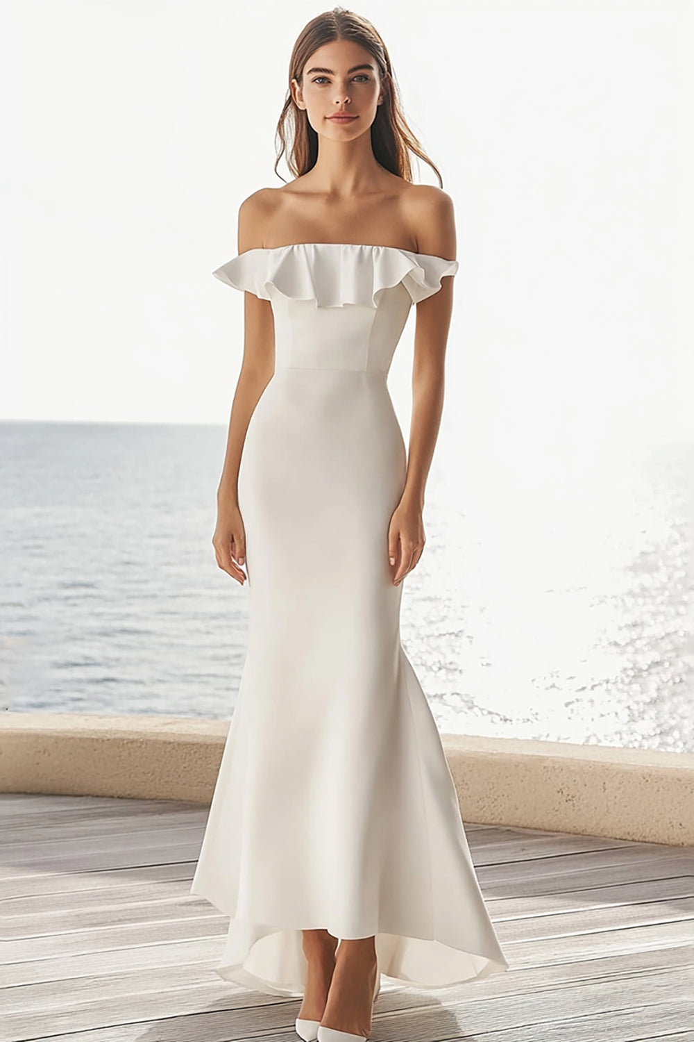 Satin Ivory Mermaid Maxi Wedding Reception Dress with Ruffles