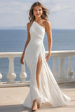 Ivory Ruched One Shoulder Chiffon Maxi Engagement Dress with Slit