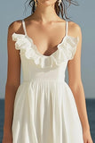 Ivory Spaghetti Straps A Line Maxi Engagement Dress with Ruffles