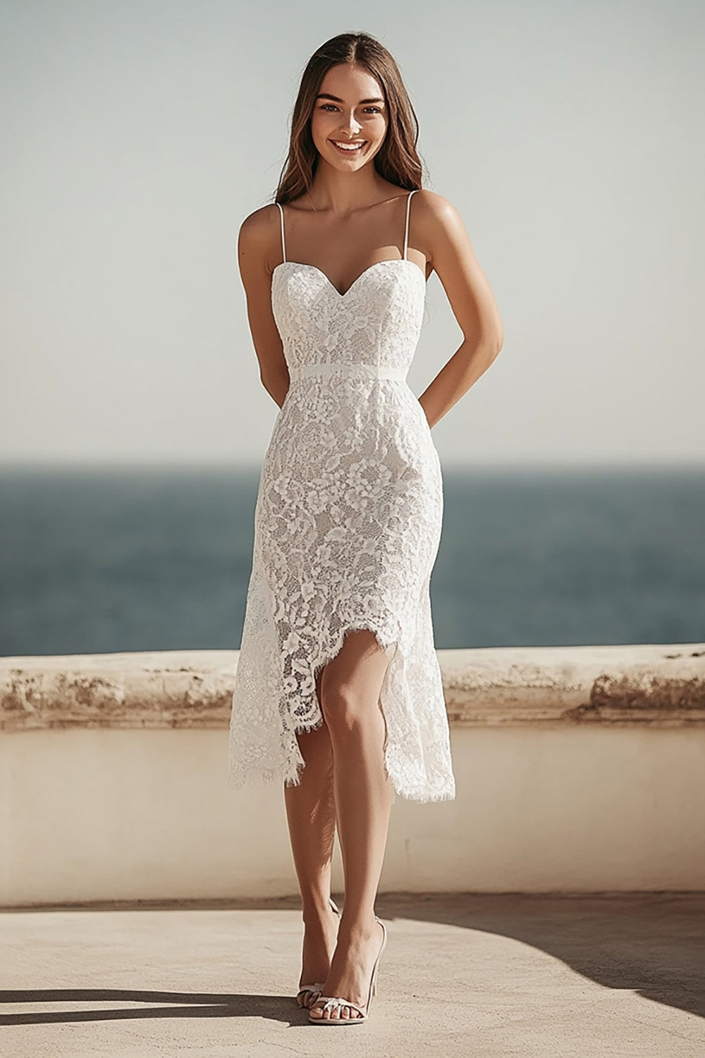 Ivory Lace Spaghetti Straps Bodycon Midi Engagement Dress with Slit