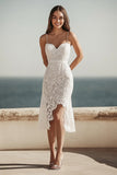 Ivory Lace Spaghetti Straps Bodycon Midi Engagement Dress with Slit