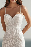 Ivory Lace Spaghetti Straps Bodycon Midi Engagement Dress with Slit