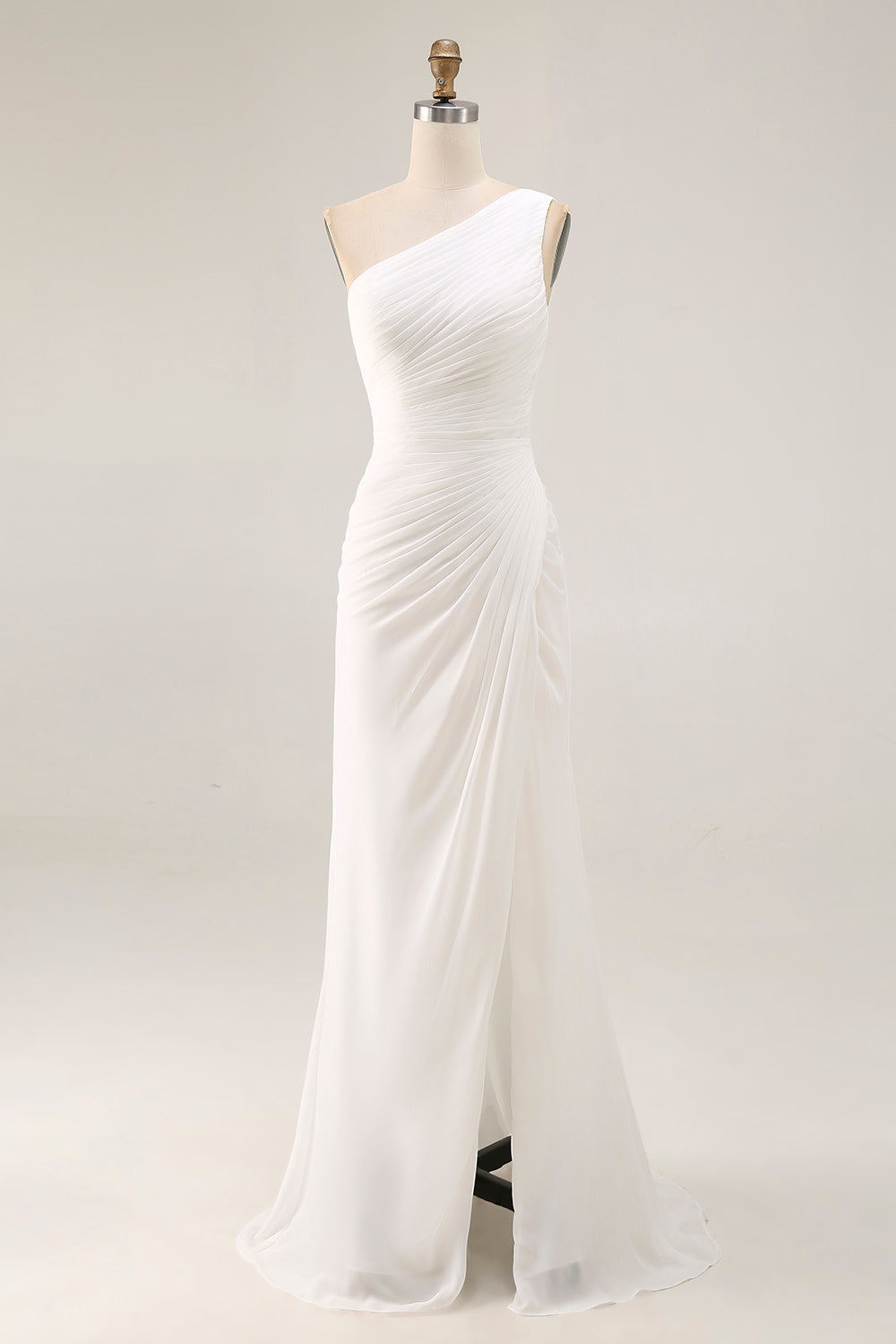 Ivory Chiffon One Shoulder Ruched Beach Maxi Engagement Dress with Slit