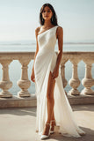 Leely Women Ivory Beach Chiffon Maxi Engagement Dress with Slit A Line One Shoulder Ruched Rehearsal Dinner Dress