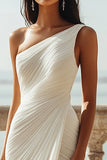 Ivory Chiffon One Shoulder Ruched Beach Maxi Engagement Dress with Slit