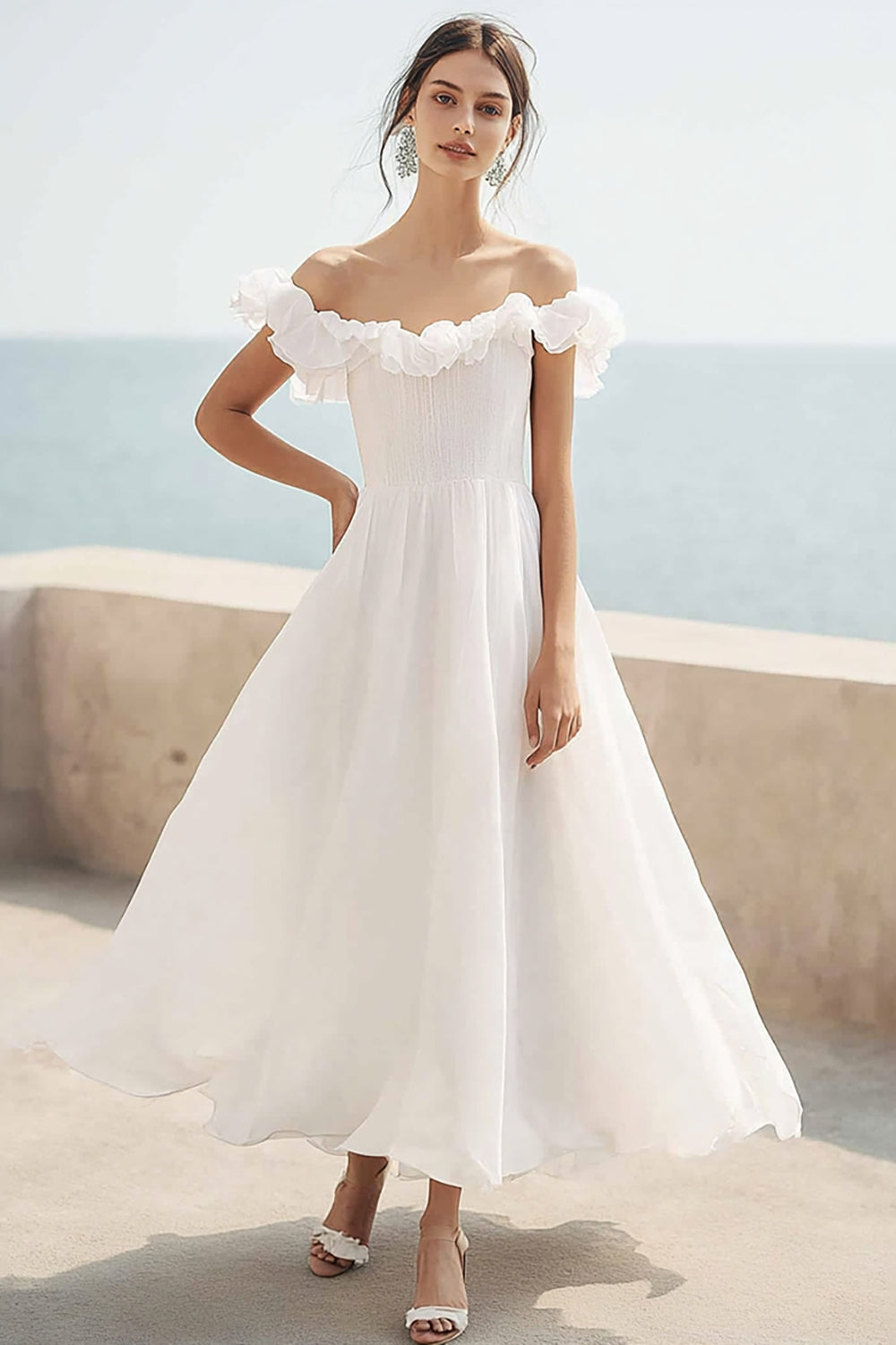 Ivory A Line Maxi Chiffon Wedding Reception Dress with Ruffle