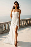 Ivory Sweetheart Ruched Maxi Engagement Dress with Slit