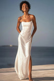 Sparkly Ivory Sheath Sequin Maxi Wedding Reception Dress with Slit