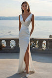 Ivory Ruched V Neck Satin Sheath Maxi Rehearsal Dinner Dress with Slit
