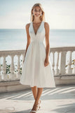 Elegant Ivory V-Neck Satin A Line Midi Engagement Dress with Beading