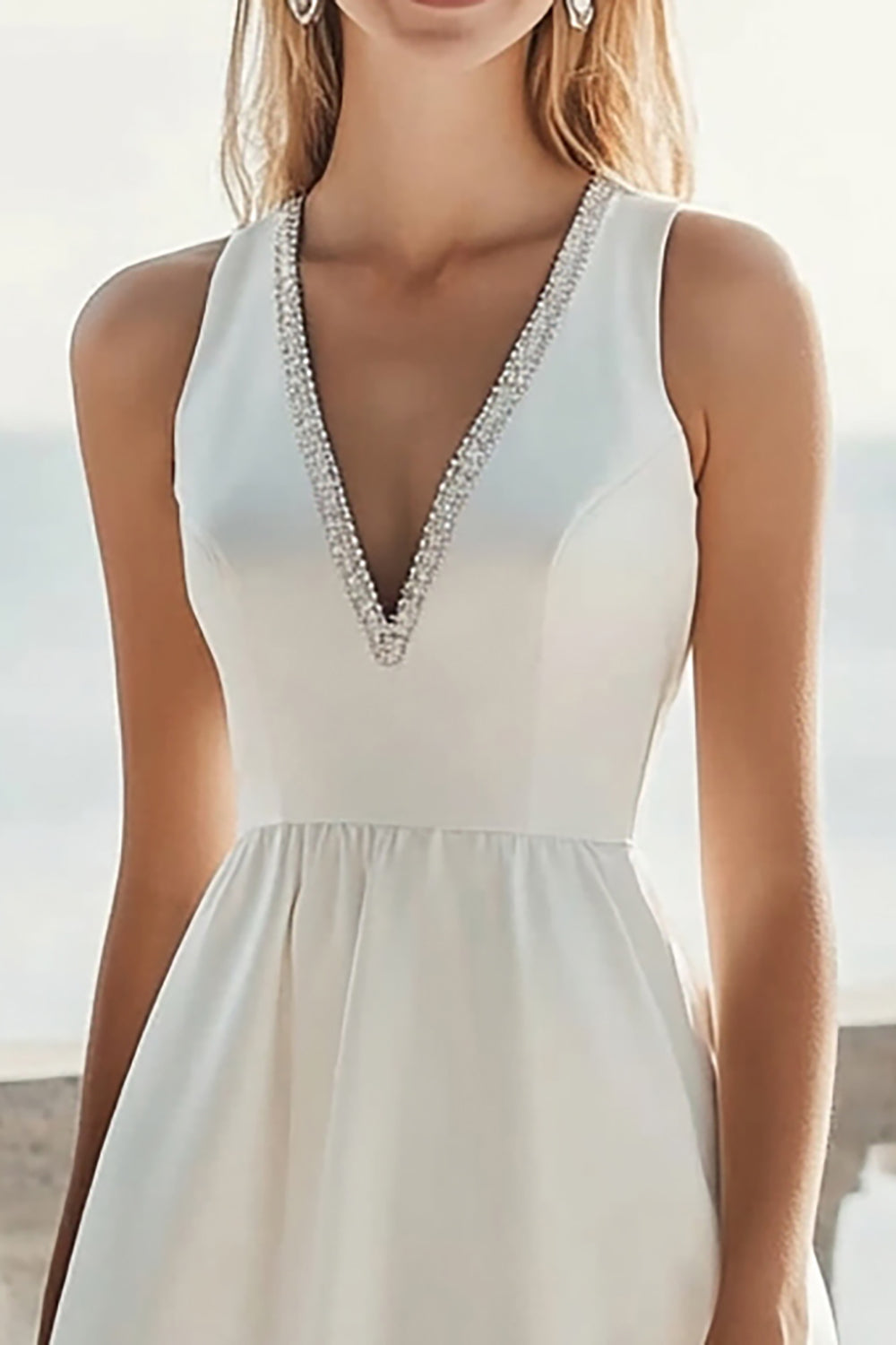 Elegant Ivory V-Neck Satin A Line Midi Engagement Dress with Beading
