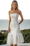 Ivory Satin A Line Strapless Engagement Dress with Ruffle