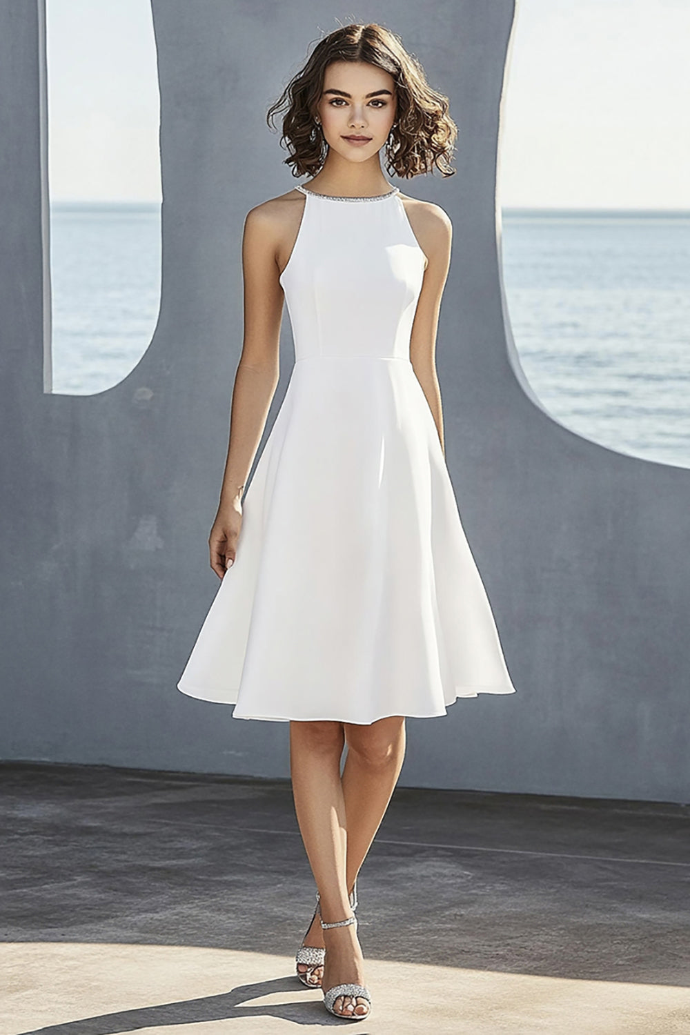 A Line Ivory Satin Halter Little White Dress