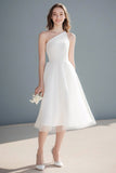 Midi Ivory A Line One Shoulder Simple Tulle Wedding Reception Dress