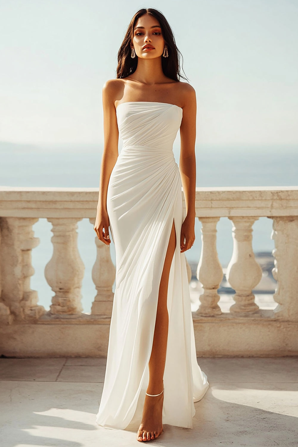 Strapless Ivory Mermaid Chiffon Ruched Maxi Engagement Dress