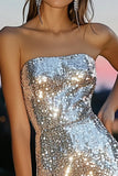 Sparkly Silver Tight Strapless Sequin Mini Cocktail Dress
