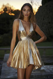 Sparkly Gold V-Neck Metallic A Line Short Cocktail Dress with Pleats