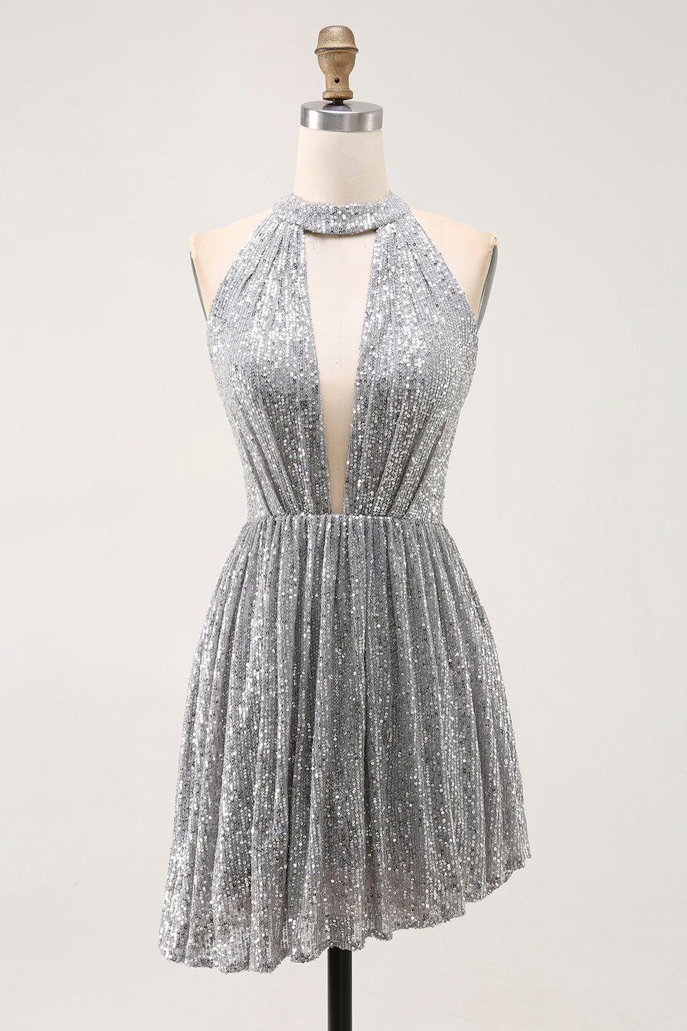 Sparkly Silver Halter Sequin A Line Short Cocktail Dress with Keyhole