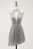 Sparkly Silver Halter Sequin A Line Short Cocktail Dress with Keyhole