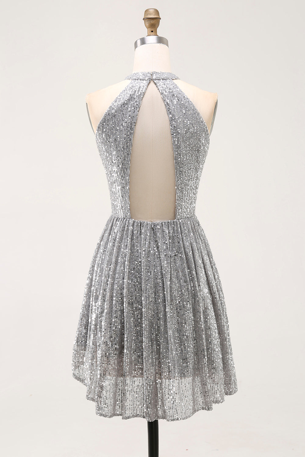 Sparkly Silver Halter Sequin A Line Short Cocktail Dress with Keyhole