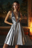 Sparkly Silver Grey A Line Deep V-Neck Short Metallic Cocktail Dress
