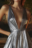 Sparkly Silver Grey A Line Deep V-Neck Short Metallic Cocktail Dress
