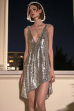 Sparkly Silver Grey Sequin V-Neck High-Low Cocktail Dress