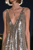 Sparkly Silver Grey Sequin V-Neck High-Low Cocktail Dress
