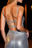 Sparkly Silver Spaghetti Straps Sequin Bodycon Mini Cocktail Dress