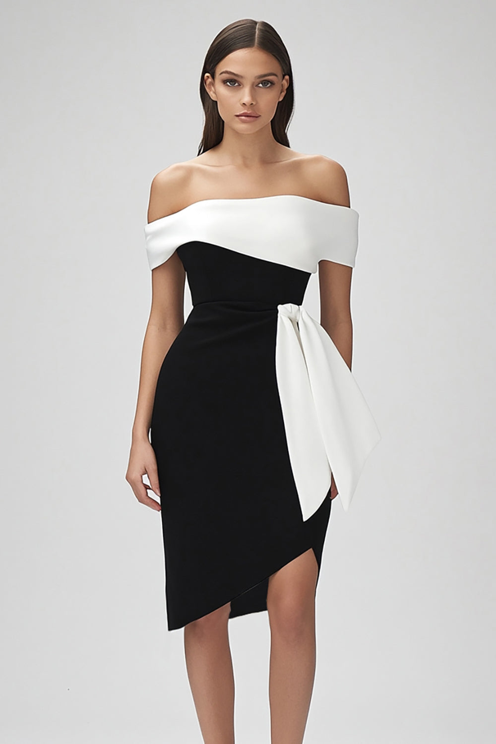Tight Black and White Patchwork Short Cocktail Dress with Ruffles