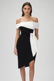 Tight Black and White Patchwork Short Cocktail Dress with Ruffles