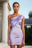 Tight Lilac One Shoulder Short Satin Prom Dress
