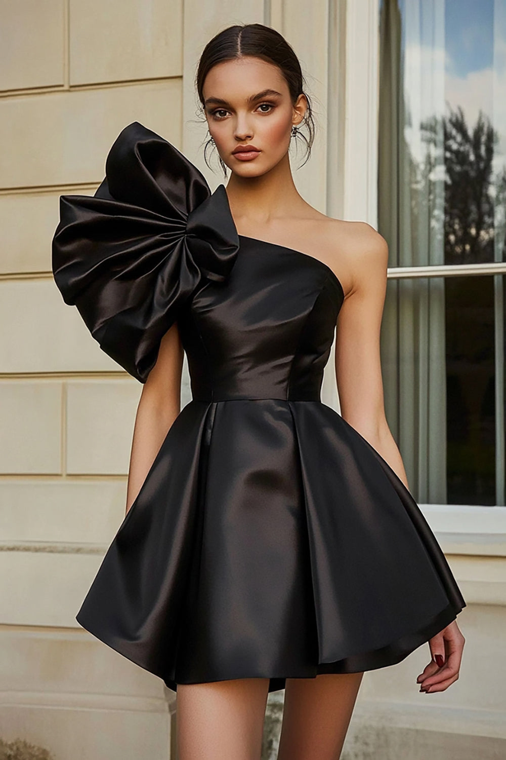 Satin Black A Line Short Prom Dress with Ruffles